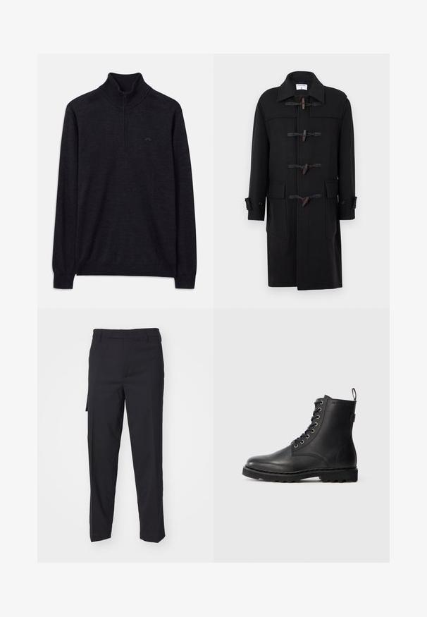 Abrigo de paño negro con capucha, cierre de toggles, dos bolsillos frontales y puños abotonados. Textura suave y diseño hasta la rodilla.; Suéter negro de manga larga con cuello alto acanalado y media cremallera, con un logo sutil en el lado izquierdo del pecho.; Pantalones negros hechos de una tela tejida suave. Cuentan con un corte recto, ajuste slim, presillas para cinturón y un bolsillo lateral.; Botín de cuero negro con punta redonda, diseño con cordones y ojales de metal. Cuenta con una suela texturizada y una lengüeta en el talón para facilitar su uso.