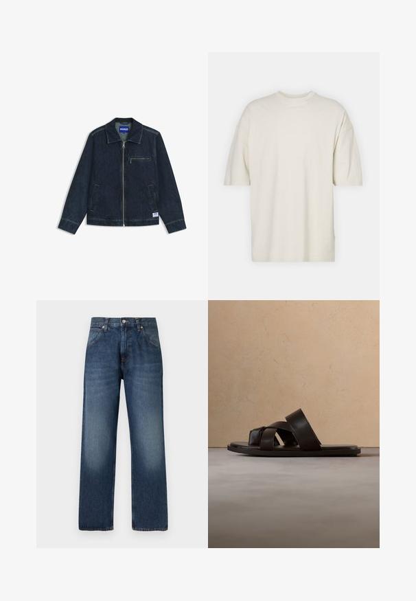 Mørkeblå denimjakke med lynlås foran, lynlåslomme på brystet, to sidelommer, krave og lille logopatch nær kanten.; Kortærmet t-shirt med rund hals i off-white bomuld, der har en afslappet pasform og blød tekstur, uden synlige mønstre eller accenter.; Mørkeblå jeans med lige ben, forlukning med knap og lynlås, forlommer og diskrete falmede detaljer på lårene.; Sort lædersandal med tre krydsede stropper, flad sål og glat tekstur, hængende over et vævet naturskinds tæppe.