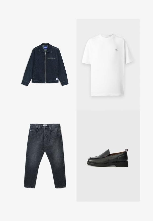 Dunkelblaue Jeansjacke mit Frontreißverschluss, brusttasche mit Reißverschluss, zwei Seitentaschen, Kragen und kleinem Logopatch nahe dem Saum.; Weißes Baumwoll-T-Shirt mit Rundhalsausschnitt und kurzen Ärmeln. Mit einem kleinen schwarzen Lacoste-Logo auf der linken Seite der Brust.; Schwarze Jeans aus Denim mit geradem Schnitt, fünf Taschen und dezenter Verwaschung. Enthält einen Knopf- und Reißverschluss sowie Gürtelschlaufen.; Schwarzer Leder- Slipper mit runder Spitze, strukturiertem Obermaterial, kontrastierender roter Naht und niedrigem Absatz. Verfügt über eine Schlaufe zum Ziehen.