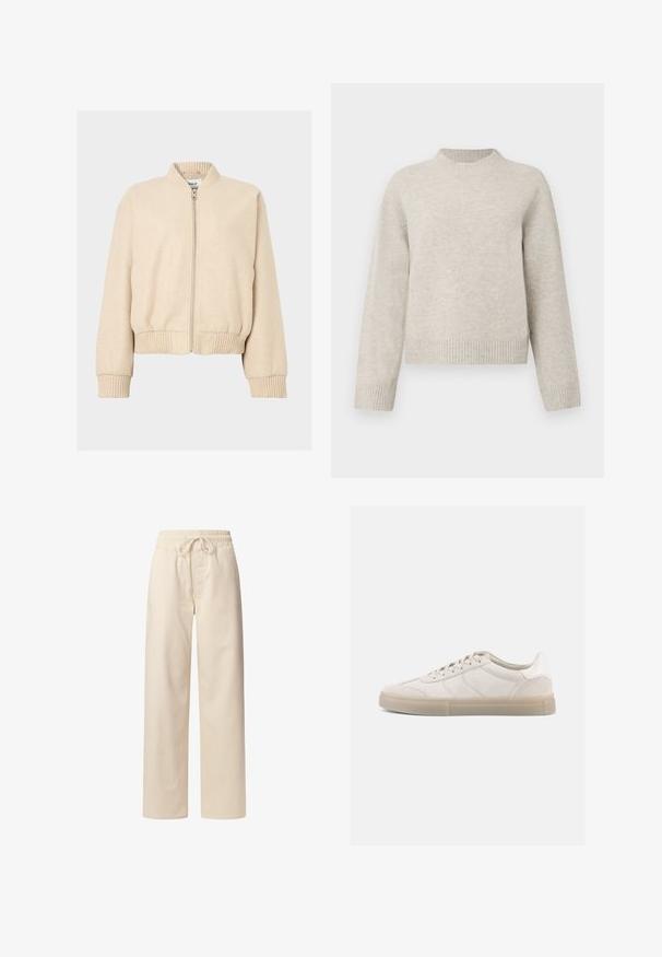 Beige bomberjakke med ribbet krave og manchetter, med lynlås foran og en afslappet pasform, lavet af blødt stof.; Lysegrå, chunky striktrøje med rund halsudskæring, dropped shoulders og ribbede manchetter og kant. Blød tekstur, afslappet pasform.; Beige bomuldsbukser med elastisk talje og snor. Bredbensdesign med en glat tekstur og ingen synlige mønstre eller detaljer.; Beige ruskindssneakers med lav profil, der har en struktureret overdel, tonale sømme og en lys gummisål. Snørebånd fuldender designet.
