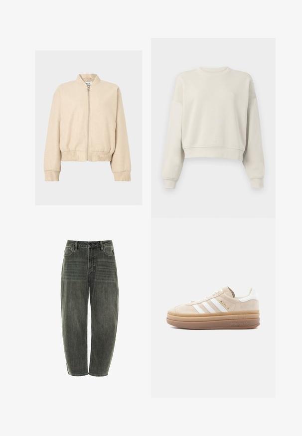 Beige bomberjack met een geribbelde kraag en manchetten, voorzien van een ritssluiting aan de voorkant en een losse pasvorm, gemaakt van zachte stof.; Lichtbeige cropped sweatshirt met lange mouwen, geribde kraag en manchetten, zachte stofstructuur, minimalistisch design, geen zichtbare patronen of accenten.; Donkergrijze denim jeans met een relaxte pasvorm, voorzien van vijf zakken, een knoopsluiting en subtiele vervaging aan de voorkant en achterkant.; Beige suède sneaker met witte leren accenten, voorzien van drie witte strepen, een gouden logo en een dikke, doorschijnende rubberen zool.