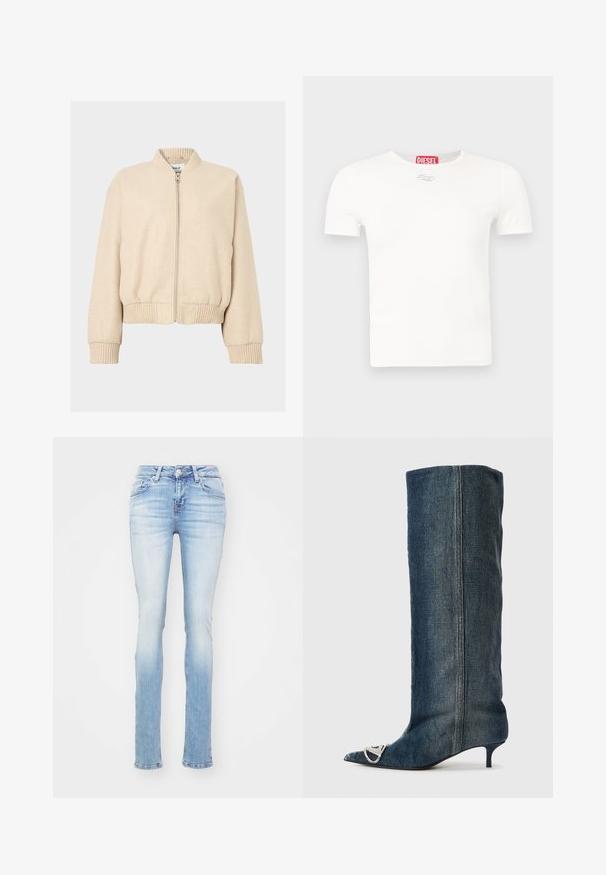 Chaqueta bomber beige con cuello y puños acanalados, con cremallera frontal y ajuste holgado, hecha de tela suave.; Camiseta blanca de algodón con mangas cortas, cuello redondo y un pequeño logo plateado con la palabra "DIESEL" en rojo en el cuello.; Jeans ajustados de color azul claro, hechos de denim, con una cintura de altura media, cinco bolsillos y un ligero desgastado en los muslos y las rodillas.; Bota vaquera hasta la rodilla con puntera puntiaguda, detalles en hardware plateado, tacón bajo tipo "kitten" delgado y un acabado liso y texturizado.