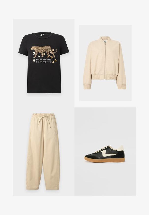 Beige bomberjakke med ribbet krave og manchetter, med lynlås foran og en afslappet pasform, lavet af blødt stof.; Sort bomulds T-shirt med leopardprint design og gyldne accenter. Har teksten "BLIV VILDE OG FRIE, men vær anderledes" under.; Beige bukser med vide ben, elastisk talje og snøre, lavet af let stof, velegnet til afslappet brug.; Sorte ruskinds- og lædersneakers med en cremefarvet side-swoosh og lys cremefarvet hæl. Har beige snørebånd og en gummirubber-sål.