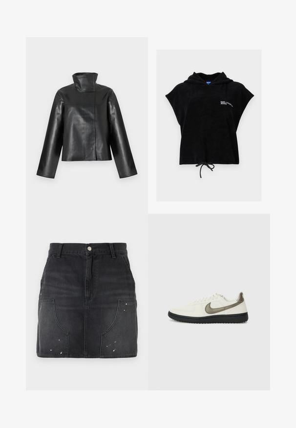 Schwarze Lederjacke mit hohem Stehkragen, langen Ärmeln und verdecktem Frontverschluss auf weißem Hintergrund dargestellt.; Schwarzes kurzärmeliges Kapuzenshirt mit vorderem Kordelzug und weißem "KARL LAGERFELD JEANS"-Logo auf der linken Brust.; Schwarzer Denim-Minirock mit Fronttaschen, Gürtelschlaufen, Knopfverschluss und kleinen weißen Farbspritzern.; Nike Sportswear FIELD GENERAL - Sneaker low - off-white/black