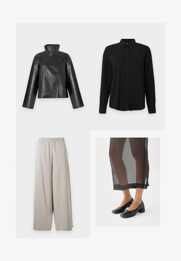 Veste en cuir noire avec un col montant haut, des manches longues et une fermeture avant dissimulée présentée sur un fond blanc.; Chemise noire à manches longues avec col pointu, dotée d'une coupe droite, d'une texture lisse et de boutons noirs contrastants.; Pantalon beige clair à jambes larges avec taille élastique, coupe ample et ourlet à la cheville, présenté sur un fond blanc.; Chaussures noires à talons blocs avec une finition en cuir lisse, portées avec une jupe noire transparente à ourlet net et design minimaliste.