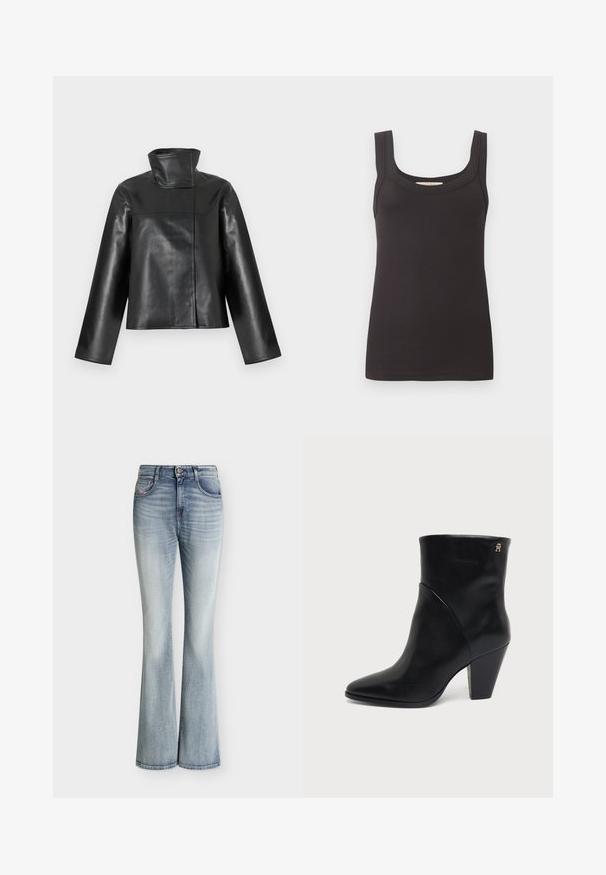 Veste en cuir noire avec un col montant haut, des manches longues et une fermeture avant dissimulée présentée sur un fond blanc.; Débardeur noir côtelé sans manches avec larges bretelles et encolure carrée, posé à plat sur un fond uni clair.; Jean en denim bleu clair taille haute avec une légère évasement en bas et des détails délavés sur le devant des cuisses.; Bottine en cuir noir à bout pointu, talon carré et petit logo doré près du bord supérieur sur le côté extérieur.