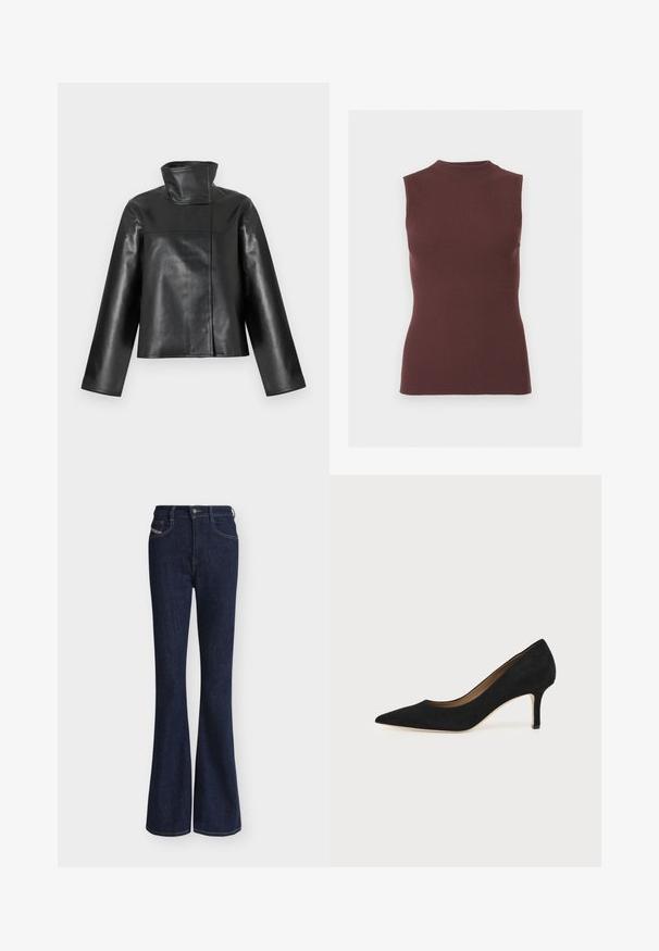 Veste en cuir noire avec un col montant haut, des manches longues et une fermeture avant dissimulée présentée sur un fond blanc.; Top sans manches en maille côtelée marron foncé avec col montant et silhouette ajustée.; Jean en denim bleu foncé taille haute, jambes évasées, poches avant et fermeture à boutons sur un fond clair uni.; Escarpin en daim noir à bout pointu avec un talon stiletto fin de hauteur moyenne et un design à coupe basse sur un fond uni.