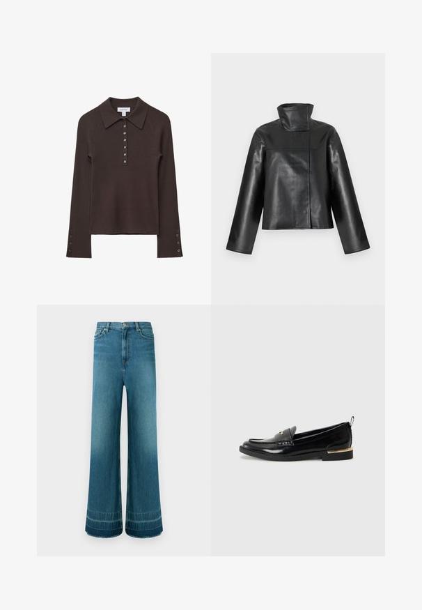 Veste en cuir noire avec un col montant haut, des manches longues et une fermeture avant dissimulée présentée sur un fond blanc.; Polo shirt à manches longues côtelé marron avec un col, patte de boutonnage à six boutons et accents de boutons sur les manches. Texture douce avec une silhouette ajustée.; Jean denim bleu taille haute à jambes larges, cinq poches, fermeture à boutons et légère décoloration près des ourlets.; Mocassins en cuir verni noir avec un bout arrondi, une sangle décorative et un accent doré sur le talon. Texture lisse avec des détails cousus.