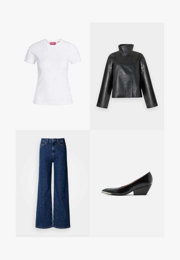 Sort læderjakke med højstående krave, lange ærmer og skjult frontlukning vist på en hvid baggrund.; Hvid slimfit t-shirt med korte ærmer og rund halsudskæring med en lyserød JJXX-label indeni kraven, vist mod en ensfarvet baggrund.; Vidbenede mørkeblå jeans lavet af denim, med høj talje, klassisk fem-lomme-design og subtile syningsdetaljer langs sømmene.; Sort damesko med lav hæl, spids tå, transparent rem og hvid detalje på forreste sål, vist i sideprofil på hvid baggrund.
