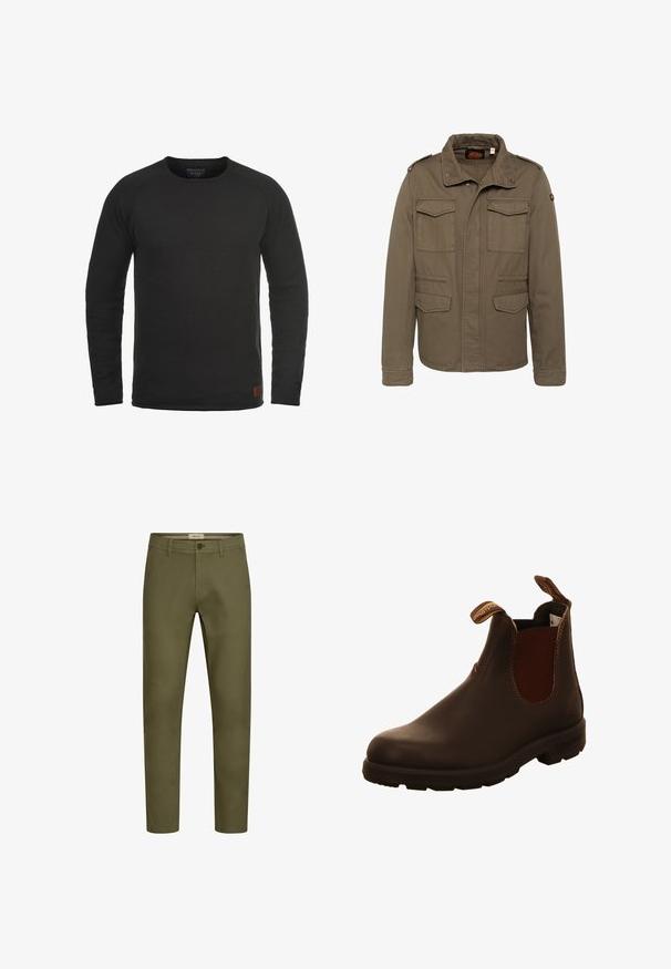 Chaqueta militar para hombre en verde oliva con cuatro bolsillos con solapa, hombreras y cuello mao con botones de presión.; Sudadera negra de manga larga y cuello redondo hecha de una tela texturizada, con un pequeño parche marrón de la marca en la parte inferior derecha.; Pantalones de algodón verde oliva con un diseño ajustado, piernas rectas, costuras sutiles y cierre frontal con botón. No hay bolsillos visibles.; Botín de piel marrón hasta el tobillo con paneles laterales elásticos, tiradores y suela de goma texturizada. Acabado suave con detalles de costura en contraste.