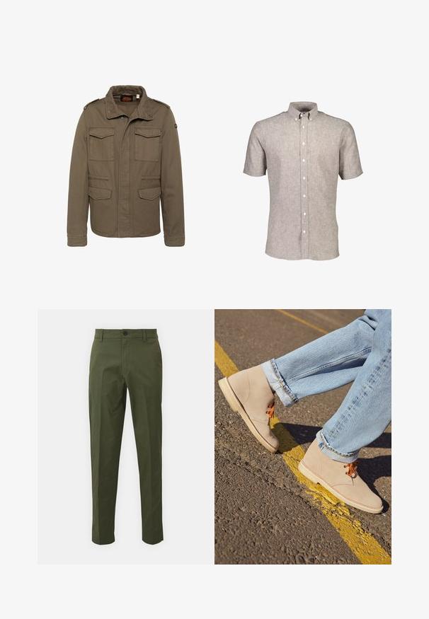 Olivgrüne Militärjacke für Herren mit vier Klappentaschen, Schulterklappen und Stehkragen mit Druckknöpfen.; Kurzarm-Hemd mit Knöpfen aus leichtem braunen Leinenstoff. Mit einem klassischen Kragen und einem subtilen strukturierten Muster, mit weißen Knöpfen.; Olivgrüne Baumwollhose mit geradem Bein, ausgestattet mit einem vorderen Knopfverschluss, seitlichen Taschen und minimalen Nähten.; Beige Wildleder-Ankelboots mit orangefarbenen Schnürsenkeln, runder Spitze und einer leichten Gummisohle, kombiniert mit hellblauen, umgeschlagenen Jeans.