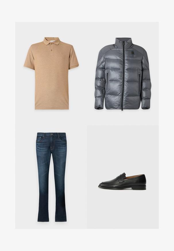 Doudoune grise avec col montant, fermeture éclair à l'avant, deux poches latérales zippées et un petit patch noir sur la partie supérieure gauche de la poitrine.; Polo beige à manches courtes avec deux boutons et un logo brodé discret sur la poitrine gauche, présenté sur un fond uni.; Jean bleu foncé avec un design à jambes évasées, fabriqué en tissu denim, avec des poches avant et une fermeture par bouton.; Mocassin en cuir noir avec un bout arrondi, des coutures subtiles et un talon bas, présentant une texture lisse et un design minimaliste.