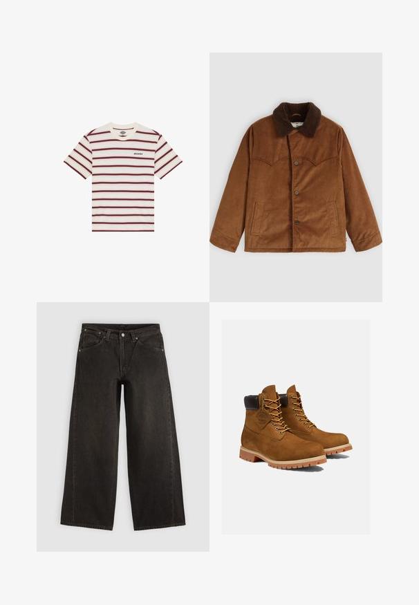 Brun kordfløjljakke med en brun pelskrave, knaplukning, to sidelommer og karakteristisk stikning på brystet.; Kortærmet T-shirt med vandrette maroon- og cremefarvede striber, med "Dickies" logo broderet på venstre bryst.; Sorte vidbenede denimjeans med forlommer, knaplukning og bæltestropper, vist fladt på en lys baggrund.; Brune ruskinds ankelstøvler med en polstret sort krave, gyldne snørehuller og en tyk gummisål med en mønster, der giver godt greb.