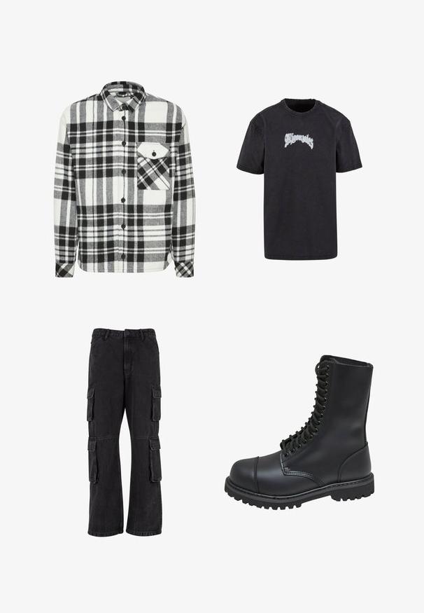 Schwarz-weiße Karomuster-Flanell-Hemd mit langen Ärmeln, knöpfbarem Frontverschluss und einer einzelnen Brusttasche mit dreieckiger Klappe.; Schwarzes Baumwoll-T-Shirt mit Rundhalsausschnitt. Verfügt über ein stilisiertes "Gonzales"-Logo in Weiß über der Brust. Kurze Ärmel, lockere Passform.; Schwarze Cargo-Hosen aus Denim, mit lockerer Passform, mehreren Seitentaschen und genähten Details. Die Textur ist leicht verblasst.; Schwarze Lederkampfstiefel mit hohem Schaft, Schnürung an der Vorderseite, gepolstertem Kragen und rutschfester, strukturierter Sohle für guten Halt. Mit verstärkter Zehenkappe.