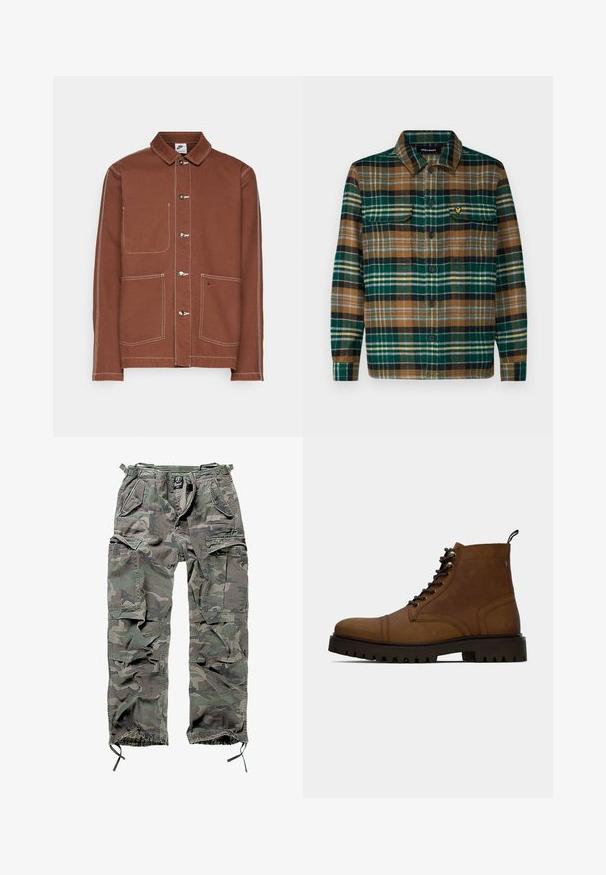 Braune Nike Knopfjacke mit weißen Nähten, drei Metallknöpfen, zwei Fronttaschen und einem kleinen gestickten Nike-Swoosh auf einer Tasche.; Karierte Flanellhemd in Grün, Braun und Schwarz mit Knopfleiste, zwei Brusttaschen und einem kleinen gestickten Logo auf der linken Tasche.; Tarnfarbene Cargo-Hose in Grün und Grau, ausgestattet mit mehreren Taschen, elastischem Bund, verstellbaren Knöchelbündchen und einer lockeren Passform.; Braune Leder Schnürstiefelette mit dickem schwarzem Profilsohle und Zugschlaufe auf weißem Hintergrund.