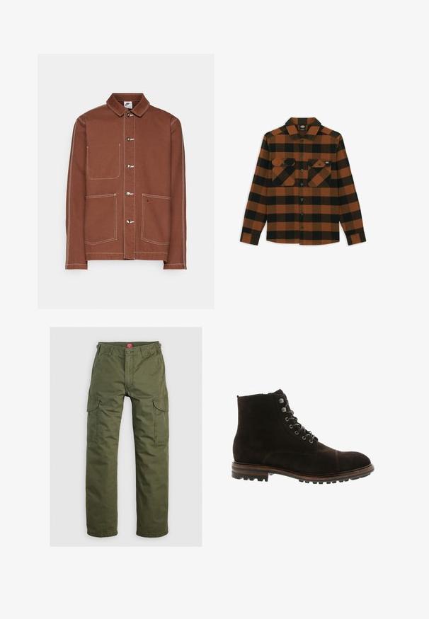 Brun Nike button-up jakke med hvid syning, tre metalknapper, to forreste lommer og et lille broderet Nike swoosh på den ene lomme.; Langærmet skjorte i orange og sort ternet mønster, lavet af et tekstureret stof. Har to brystlommer og knaplukning foran.; Olivengrønne cargo bukser lavet af slidstærkt stof, med sidelommer, knaplukning og lige ben design.; Blackstone Snørestøvletter - brown