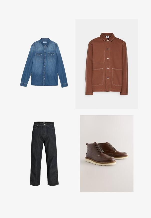 Brun Nike button-up jakke med hvid syning, tre metalknapper, to forreste lommer og et lille broderet Nike swoosh på den ene lomme.; Mørkeblå denimskjorte med lange ærmer, klassisk krave, knaplukning fortil, to brystlommer og kontrasterende stiklinger på sømmene.; Mørkeblå denimjeans med et design med lige ben, som har lukning med knap og minimal syning. Stoffet har en glat, tekstureret overflade.; Brune læderstøvler med snøredesign, hvide syninger og en kontrastsål. Har en rundet tå og ankelhøjde.