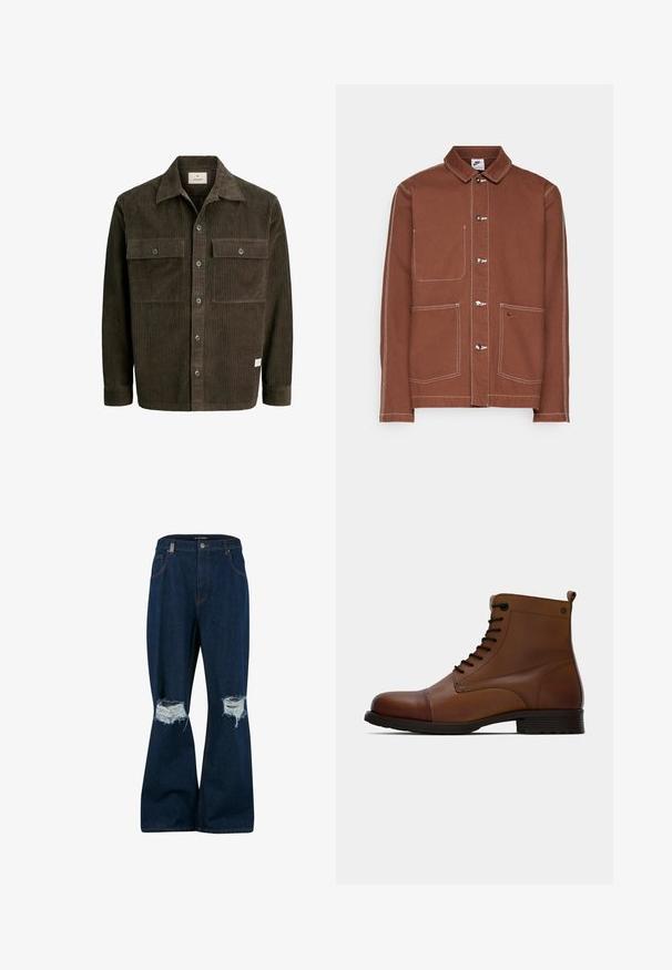 Brun Nike button-up jakke med hvid syning, tre metalknapper, to forreste lommer og et lille broderet Nike swoosh på den ene lomme.; Brun kordfløjljakke med vertikal ribstruktur, knaplukning foran, to brystlommer og klassisk krave, med et diskret mærke ved kanten.; 2Y Studios ANDUIN RIPPED BAGGY - Baggy jeans - raw; Jack & Jones JFWSHAUN BOOT - Snørestøvletter - cognac
