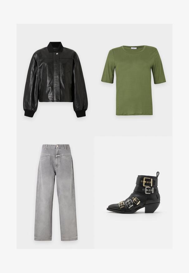 Veste aviateur en cuir noir avec col côtelé, fermeture éclair et deux poches avant. Comprend des épaules rembourrées et des poignets côtelés.; T-shirt à manches courtes vert olive en tissu lisse, doté d'un col rond et d'une coupe droite sans motifs ou accents visibles.; Jean denim gris à jambe large et taille haute avec poches avant, passants pour ceinture, fermeture à bouton et détails de couture visibles.; Bottine en cuir noir avec un bout pointu, dotée de plusieurs sangles ornées de boucles en or et en argent. Design à talon bloc.