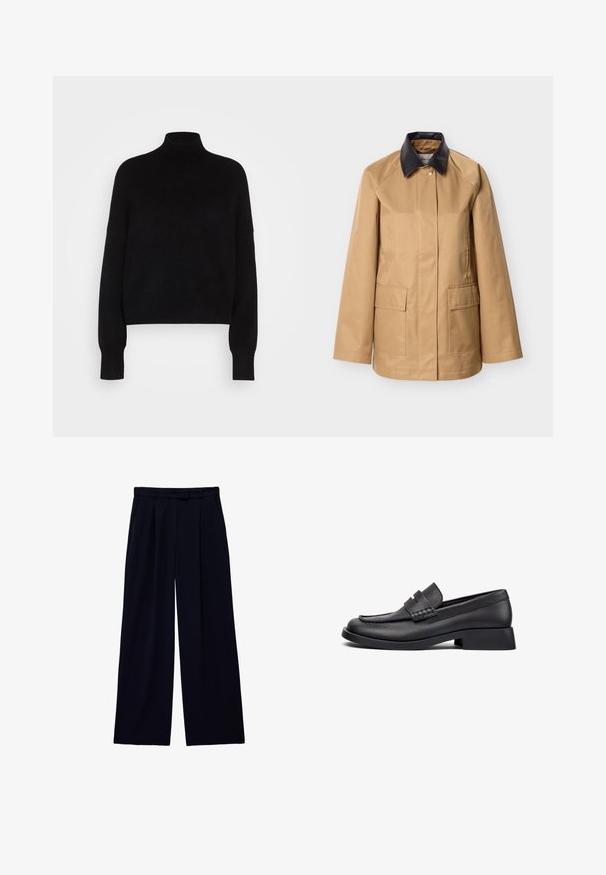 Khaki vandtæt jakke med krave i sort kunstlæder. Har to frontlommer med lapper og et enkelt, lige snit.; Sort rullekravesweater med lange ærmer, cropped design, strikket tekstur og tætsiddende manchetter. Enkel, ensfarvet uden mønstre.; Sorte bukser med vide ben, plisseringer, bæltestropper og skjult lukning foran.; Sort læderloafer med lav blokhæl, rundet tå og syningsdetaljer på overdelen. Glat tekstur, minimalistisk design.