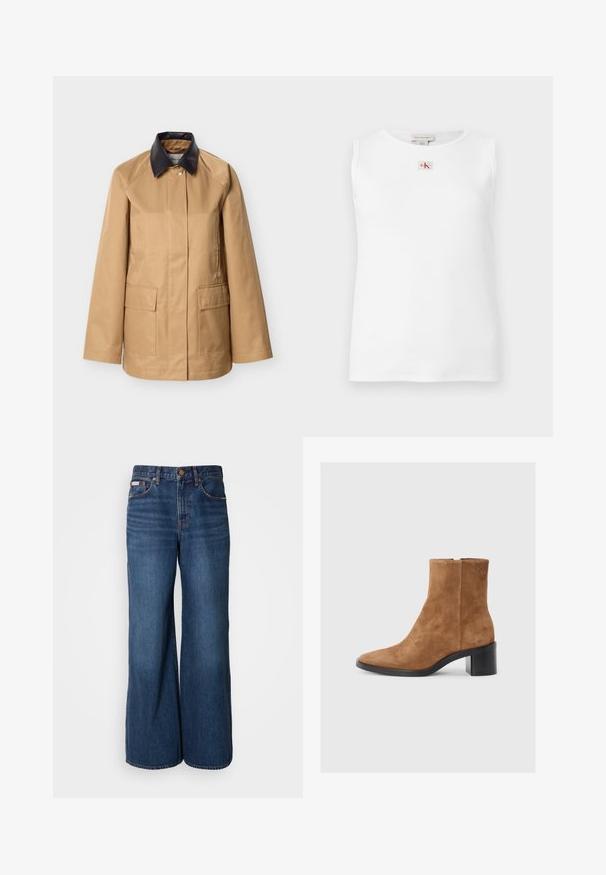 Khaki veekindel jakk musta kunstnahast kraega. Disainis kaks esikäe taskut ja lihtne, sirge lõige.; Valge varrukateta soonikust tank-top, mille allääres on väike punane ja must Calvin Kleini logo, mis asub kaelakaare all keskel.; Tumedast denimist valmistatud laiade jalgadega teksad. Omavad kõrget vöökohta, viit taskut ning kontrastset oranži õmblust õmblustel.; Pruun suede pahkluu saabas terava nina, keskmise ploki kontsaga ja diskreetse sisse põletatud logo detailiga. Tõmblukk külgedel.