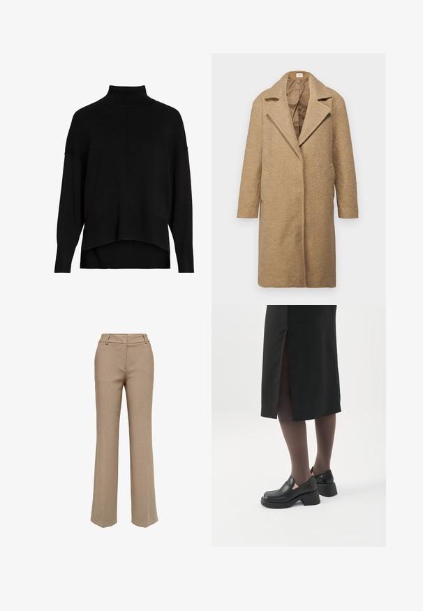 Brun uldblandingsfrakke med tekstureret finish, med slå-om krave, åbent front og sidelommer. Designet til en løs pasform med lange ærmer.; Sort strik cardigan med løs pasform, sænkede skuldre, ribbede manchetter og et høj-lav kantdesign. Blød tekstur, minimal detaljer.; Beige bukser med lige ben, bæltestropper og lynlås foran, vist på hvid baggrund.; Kvinde iført sorte loafers med chunky hæl, sorte tynde strømpebukser og en sort nederdel med slids bagpå på hvid baggrund.