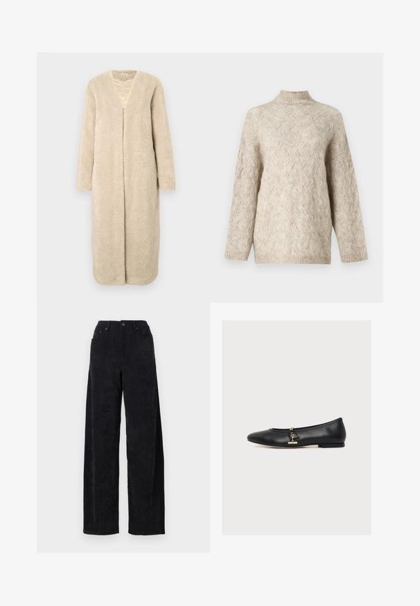 Beige langer Mantel aus plüschigem, strukturiertem Stoff. Er hat einen V-Ausschnitt und eine offene Vorderseite, lange Ärmel und einen geraden Schnitt.; Beige gestrickter Pullover mit hohem Kragen, der ein strukturiertes Zopfmuster und weit geschnittene Ärmel aufweist. Hergestellt aus weicher, flauschiger Wolle.; Schwarze Corduroy-Hosen mit weitem Bein und hohem Bund, ausgestattet mit zwei Fronttaschen und feiner vertikaler Rippstruktur.; Schwarze Leder-Ballerina mit einer kleinen goldenen Schnalle an der Seite, niedrigem Absatz und abgerundeter Spitze, im Profil auf weißem Hintergrund dargestellt.