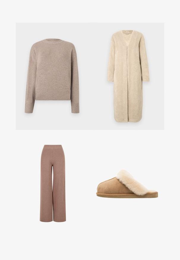 Manteau long beige en tissu pelucheux et texturé. Présente un col en V et une ouverture devant, avec des manches longues et une coupe droite.; Pull en tricot beige avec un col rond, des poignets et un ourlet côtelés. Texture douce et coupe décontractée, adapté pour un usage décontracté.; Pantalons en maille marron à jambe large avec un tissu texturé, dotés d'une taille élastique et d'une coupe ample pour le confort.; Chausson en suède beige à enfiler avec une doublure en laine de mouton crème douce et moelleuse. Doté d'une semelle en caoutchouc texturé et plate pour une meilleure adhérence.