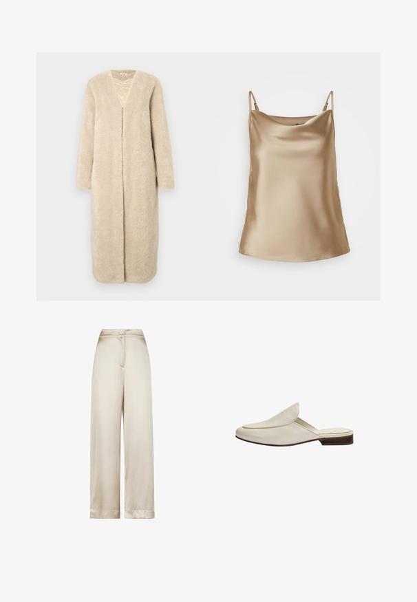 Beige lang frakke lavet af blødt, struktureret stof. Har en V-udskæring og åbent for, med lange ærmer og lige snit.; Satin top i lys beige med tynde stropper og en blødt draperet halsudskæring, der har en glat, blank overflade.; Bukser med høj talje og vide ben i beige med en enkelt knap og skjult lynlåslukning foran.; Dame cremefarvet læder slip-on mule med lav brun hæl og rundet tå, vist i sideprofil på hvid baggrund.
