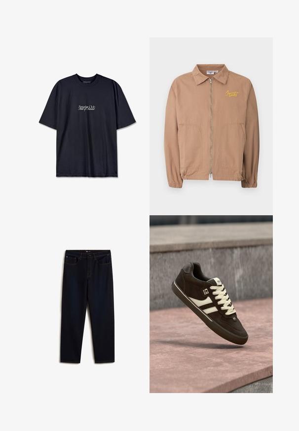 Lichtbruine jas met rits, kraag, elastische manchetten, twee voorzakken en gele "Service Works" borduring op de borst.; Zwarte katoenen t-shirt met een ronde hals, voorzien van een witte bedrukte logo "Pescador Club" en "Scent of Summer" op de voorkant. Korte mouwen.; Vans Relaxed fit jeans - dark blue; Bruine en beige skateschoen met witte veters, zwarte zool en Globe-logo dat boven een roze betonnen oppervlak zweeft.