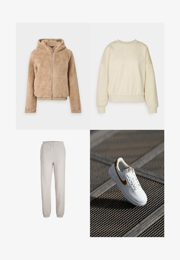 Beige Kapuzenjacke mit Reißverschluss aus weichem, flauschigem Stoff mit langen Ärmeln und gerippten Bündchen und Saum.; Beiger Pullover mit Rundhalsausschnitt, überschnittenen Schultern und elastischem Bund. Mit weißem, gesticktem Text auf der Brust. Weicher Stoff.; Hellbeige Jogginghose mit elastischem Bund und Bündchen, lockerer Passform und glatter Stoffstruktur.; Weißer Ledersneaker mit Perforationen, braunem Nike-Swoosh und Schnürsenkeln. Verfügt über eine strukturierte Sohle und gepolsterten Kragen.