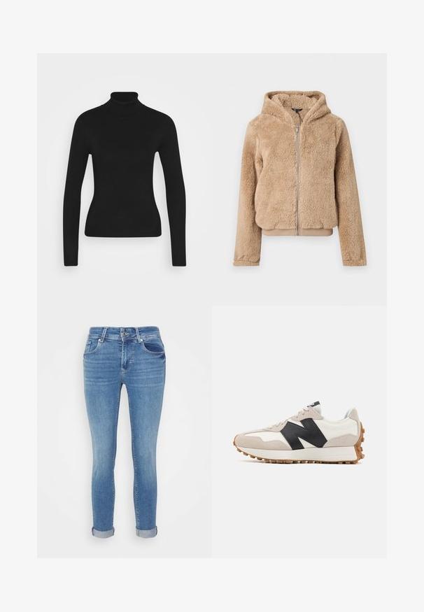 Beige jas met capuchon en ritssluiting, gemaakt van zachte, pluizige stof met lange mouwen en geribde boorden en zoom.; Zwarte coltrui met lange mouwen, gemaakt van een glad gebreide stof. Kenmerkt zich door een aansluitend ontwerp en een geribbelde kraag.; Vero Moda Petite VMEMBRACE MR PUSH UP - Jeans Skinny Fit - medium blue denim; Witte en beige sneaker met zwart "N" logo, rubberen zool met gripnoppen en vetersluiting, zij-aanzicht.