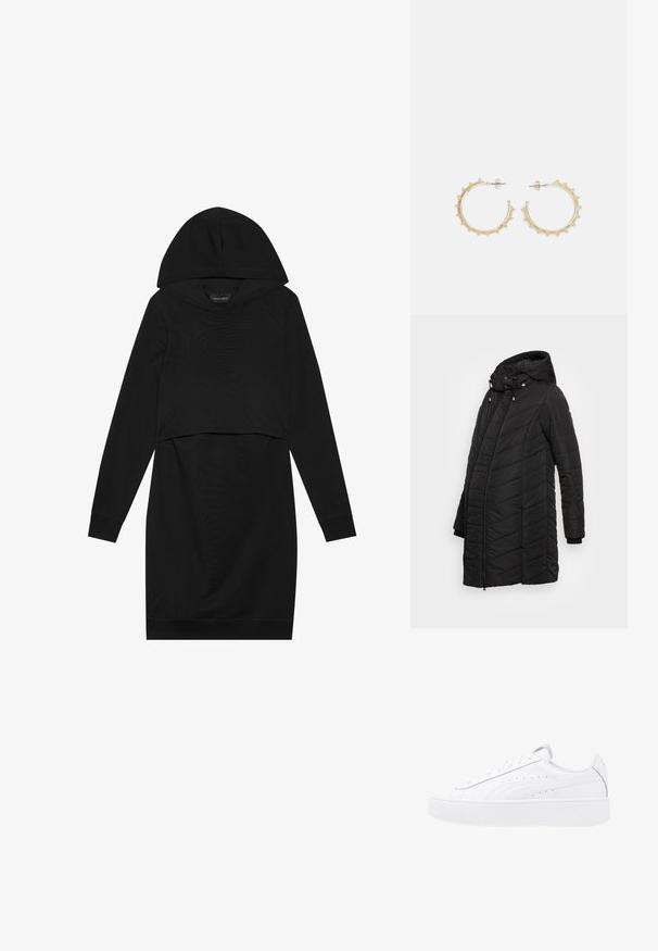 JoJo Maman Bébé LONGER PUFFER - Kurzmantel - black; Schwarzes Pulloverkleid mit Kapuze, langen Ärmeln und cropped Design. Hergestellt aus weichem Stoff mit glatter Textur und gerippten Bündchen.; Weiße Plattform-Sneaker mit Obermaterial aus Leder, runder Zehenform und Schnürverschluss. Verfügt über seitliche Perforationen und dezentes Branding an der Ferse.; Goldene Creolen mit einem strukturierten Design, die kleine Perlen am Rand aufweisen. Sie haben eine geschlossene Hufeisenform und einen Stecker-Verschluss.