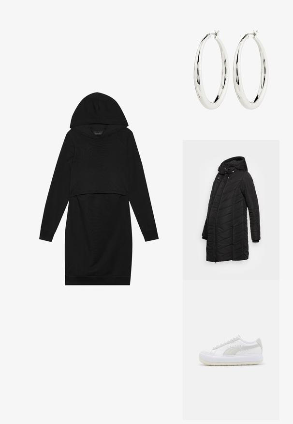 JoJo Maman Bébé LONGER PUFFER - Korte frakker - black; Sort pullover kjole med hætte, lange ærmer og cropped design. Fremstillet af blødt stof med en glat tekstur og ribbede manchetter.; Puma MAYU MIX - Sneakers - white/marshmallow; Sølv hoops øreringe med en glat, reflekterende overflade. Rund, stor form med en sikker lås øverst. Den polerede finish fremhæver glansen.