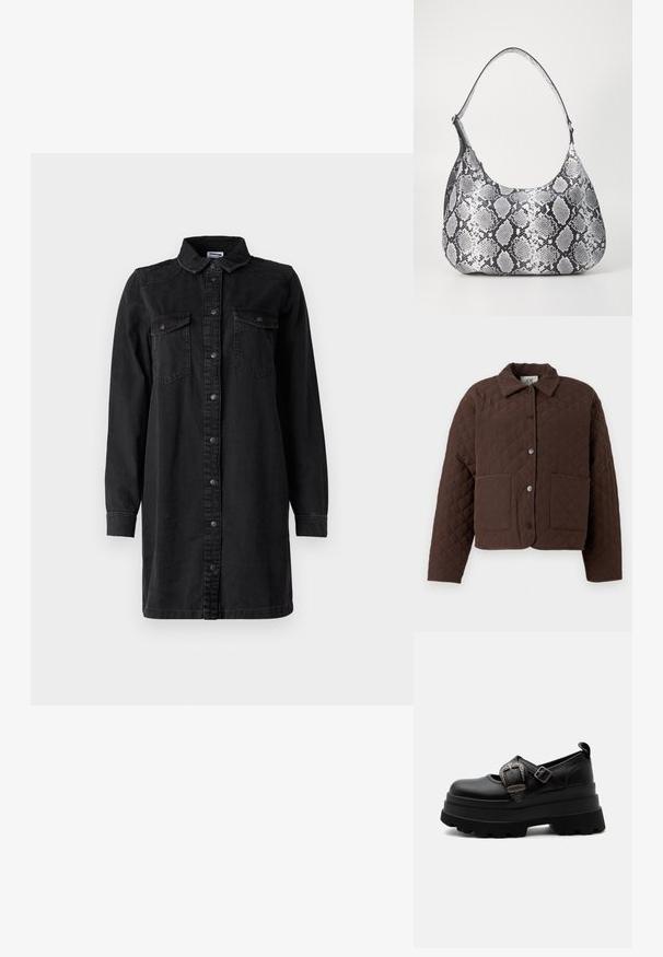 Brun quiltet jakke med krave, frontknapper med trykknap og to store påsyede lommer. Designet har et geometrisk diamantmønster.; Sort denim skjortekjole med knaplukning foran, krave, lange ærmer og to brystlommer. Har et simpelt design og et robust materiale.; Sort chunky platform Mary Jane-sko med tyk grov sål, dekorativt sølvspænde og justerbar rem på ens hvid baggrund.; Sort-hvid slangemønster skuldertaske med en rund form, glat tekstur og en buet rem. Har et sølvfarvet hardware-accents.