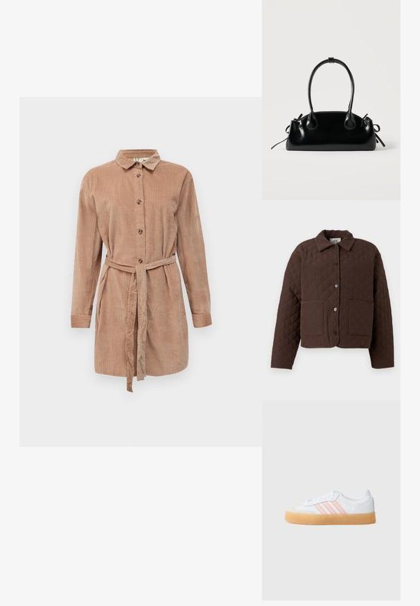 Bruine doorgestikte jas met een kraag, drukknoopsluiting aan de voorkant en twee grote opgestikte zakken. Het ontwerp heeft een geometrisch diamantpatroon.; Lichtbruine corduroy button-up jurk met lange mouwen, kraag en een bijpassende stoffen riem die in de taille is geknoopt.; Witte sneakers met roze strepen, rubberen zool en suède neuskap. Voorzien van vetersluiting en gestructureerde materialen op het bovenwerk.; Kleine zwarte glanzende handtas met twee lange hengsels en zijkant trekkoord details op een effen lichte achtergrond.