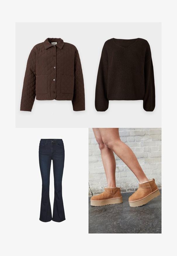 Braune gesteppte Jacke mit Kragen, vorderen Druckknöpfen und zwei großen aufgesetzten Taschen. Das Design weist ein geometrisches Rautenmuster auf.; Brauner Strickpullover mit V-Ausschnitt, oversized Passform und langen Ärmeln. Strukturiertes Material mit Rippenmuster. Verkürzte Länge.; Dunkelblaue, ausgestellte Jeans aus Denim mit hoher Taille, ausgestattet mit fünf Taschen und dezenten Steppnähten. Glatte Textur mit klassischem Design.; Braune Wildleder-Stiefeletten mit einem weichen Futter, dicker beige Plateau-Sohle und einer Zuglasche auf der Rückseite. Strukturiert Oberfläche mit sichtbaren Nähdetails.