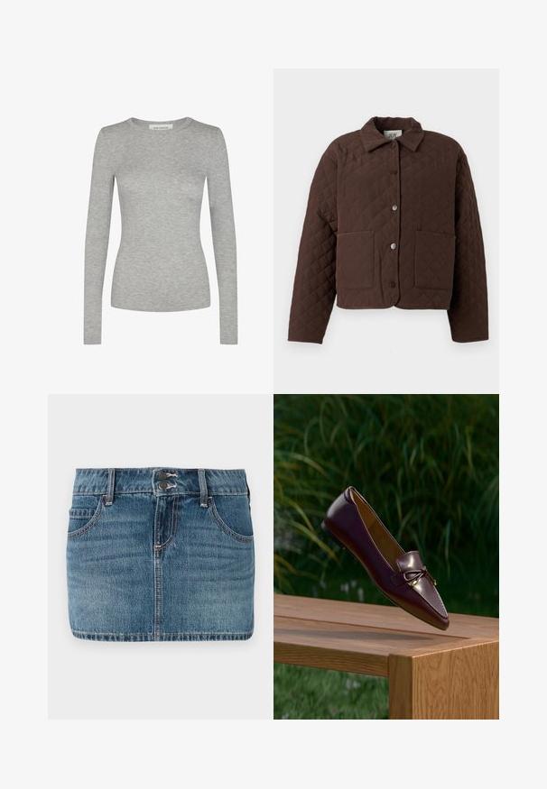 Brun quiltet jakke med krave, frontknapper med trykknap og to store påsyede lommer. Designet har et geometrisk diamantmønster.; Sofie Schnoor SOFIE SCHNOOR - Langærmet T-shirt - grey mel; Jeans mini nederdel i mellemblå med rå kant. Har en knaplukning, to forlommer og kontrasterende syninger.; Brun læder loafer med sløjfedetalje, der svæver over en træbænk, grønne blade sløret i baggrunden.