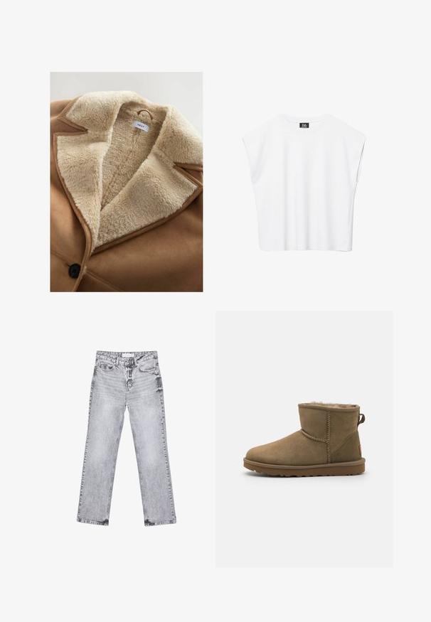 Tan frakke med blødt beige faux fur krave og for, med klassisk reversdesign og sort knaplukning. Mærket "NEXT."; Hvid ærmeløs crop top med rund halsudskæring, brede skuldre og sort "B6"-label indvendigt i kraven.; Grå denim jeans med lige ben, distressed detaljer, fem lommer og kobbernitter. Taljebåndet har et logomærke.; Brune ruskind ankelstøvle med en blød, fuzzy foring, rund tå og en løkkeaccent bagpå. Flad gummisål med struktureret greb.