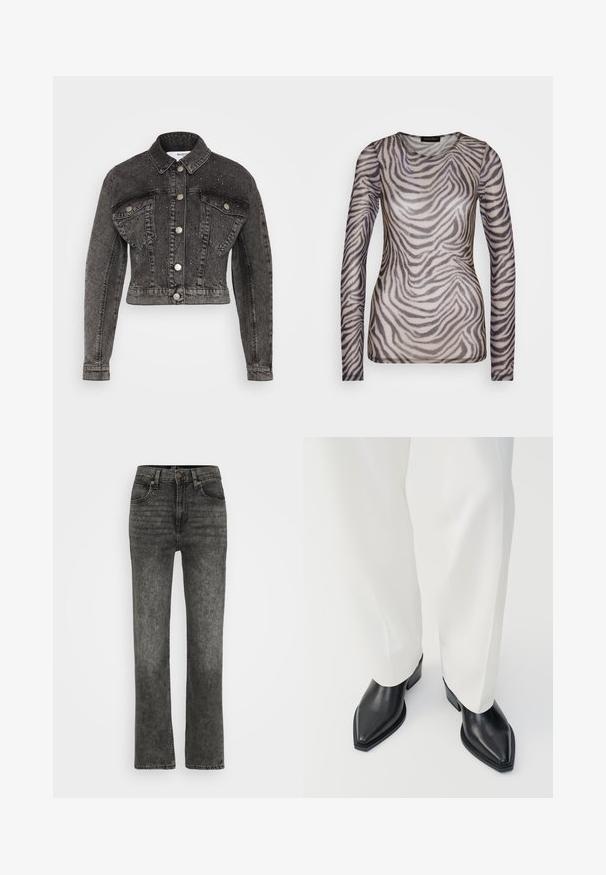 Selected SLFPENNY DIA JACKET - Denimová bunda - dark grey denim; Dlhý rukáv top vyrobený z priesvitného materiálu s pruhovaným vzorom zebry v odtieňoch šedej a béžovej. Okruhly výstrih, priliehavý strih.; Čierne rifle s vysokým pásom a priamym strihom. Vyrobené z denimu, s jemným vyblednutím, prednými vreckami a klasickými švovými detailmi.; Čierne ankle boots s ostrou špičkou a hladkým koženým povrchom, s nízkym blokovým podpätkom, v kombinácii s bielymi širokými nohavicami. Jednoduchý a moderný dizajn.
