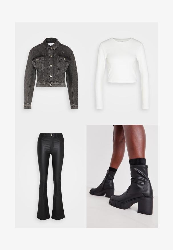 Selected SLFPENNY DIA JACKET - Jeansjacke - dark grey denim; GAP ULTRA CROP RIB TEE - Langarmshirt - new off white; ONLY ONLGAIA ROCK LIFE FLARED - Stoffhose - black; Schwarze Lederstiefeletten mit einem lässigen Design, klobigem hohen Absatz und strukturiertem Gummisohle. Mit einem Reißverschluss an der Seite.