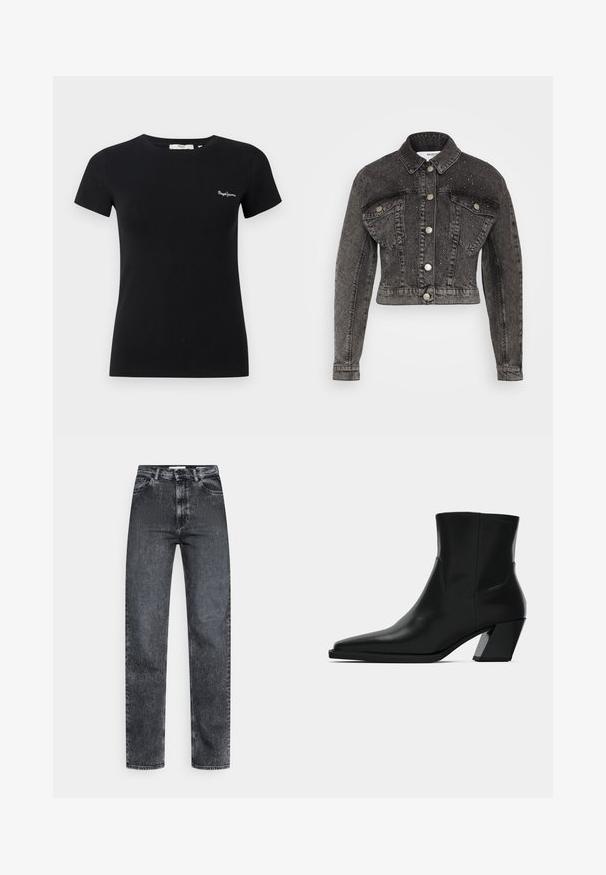 Selected SLFPENNY DIA JACKET - Jeansjacke - dark grey denim; Schwarzes, tailliertes T-Shirt mit kurzen Ärmeln, Rundhalsausschnitt und kleinem weißem "Pepe Jeans"-Logo auf der linken Brust.; Hoch geschnittene schwarze Jeans aus Denim mit geradem Bein, versehen mit subtilen Ausbleichungen, fünf Taschen und einem klassischen Knopf- und Reißverschluss.; Schwarze Leder-Stiefelette mit spitzem Zeh, schlanker Silhouette und klobigem quadratischem Absatz. Glatte Textur mit minimalen Nähdetails.