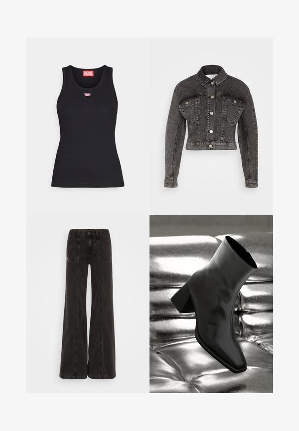 Selected SLFPENNY DIA JACKET - Jeansjacke - dark grey denim; Schwarzes Tanktop aus Baumwolle mit rundem Ausschnitt, das ein kleines rotes Logo auf der Brust und eine taillierte Passform aufweist.; Schwarze weit geschnittene Jeans aus Denim, mit hoher Taille, frontalen Taschen und tonal abgesteppten Nähten.; Schwarzer Knöchelstiefel aus glänzendem Material mit quadratischer Zehenform und verjüngtem Absatz, vor einem glänzenden silbernen gepolsterten Hintergrund.