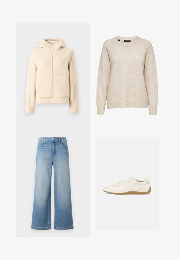 Kremfarvet fleece-hættetrøje med lynlås, foret hætte, kængurulommer og ribkant ved ærmerne. Blød tekstur og enkelt design uden mønstre.; Beige langærmet sweater i uldblanding med rund halsudskæring, ribkant ved manchetter og kant, medium størrelse, label med teksten "Selected Femme."; Lyseblå denim bredbenede jeans med høj talje, fem-lomme design, synlig syning og knappelukning foran.; Hvid lædersneaker med en glat tekstur, rund tå og tonale syninger. Har en tanfarvet gummisål og snørebånds-lukning.