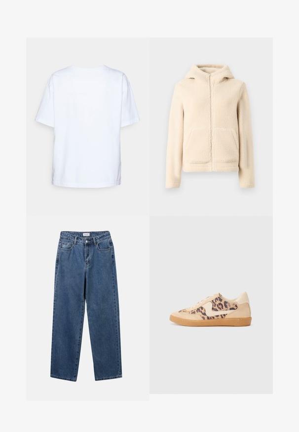 Sudadera con capucha cremosa de forro polar con cremallera, capucha forrada, bolsillos tipo canguro y puños acanalados. Textura suave y diseño sencillo sin estampados.; Camiseta de algodón blanca de manga corta vista desde atrás sobre un fondo gris claro.; Jeans de mezclilla azul clásico con un diseño de pierna recta, cinco bolsillos y cierre de botón. Presenta un lavado medio y una textura resistente.; Zapatillas de leopardo con parte superior de ante beige, suela de goma marrón y acentos blancos. Punta redonda y diseño con cordones con un acabado texturado.