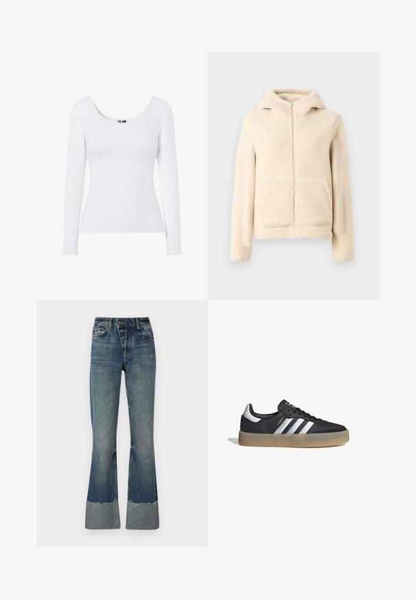 Sudadera con capucha cremosa de forro polar con cremallera, capucha forrada, bolsillos tipo canguro y puños acanalados. Textura suave y diseño sencillo sin estampados.; Top blanco de manga larga con escote en pico y textura acanalada, diseñado para una silueta ajustada. Sin patrones ni acentos.; Jeans de mezclilla acampanados en azul medio con cintura alta, cinco botones y dobladillo deshilachado. Presentan un puño más claro en la parte inferior y una textura desvanecida.; Zapatilla deportiva de cuero negro con tres rayas plateadas, punta texturizada y suela de goma. Cuenta con un collar acolchado y un diseño con cordones.