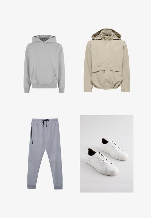 Beige Kapuzenjacke mit vorderen Klappentaschen, hohem Kragen, durchgehendem Frontreißverschluss, der von einer Sturmblende bedeckt ist, und elastischem Saum sowie Bündchen.; Grauer Kapuzenpullover mit langen Ärmeln und Fronttasche. Hergestellt aus weichem Stoff mit gerippten Bündchen und Saum. Minimalistisches Design und vielseitiger Stil.; Graue Jogginghosen aus weichem Stoff mit einem Kordelzugbund, schmal zulaufenden Beinen und einer seitlichen Reißverschlusstasche für sicheren Stauraum.; Weiße Ledersneaker mit niedrigem Profil, perforierten Seiten, flachen Schnürsenkeln und einem kontrastierenden braunen Innenfutter. Gummisohle mit strukturierter Musterung.