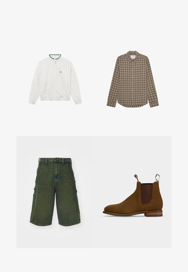 BLKVIS STRIPED - Veste légère - white; Les Deux Chemise - light sand; Shorts cargo en denim vert avec une coupe décontractée, dotés de poches latérales et d'une fermeture à bouton. Texture effilochée et coupe droite.; Bottine Chelsea en daim marron avec panneaux latéraux élastiques, languettes à l'avant et à l'arrière, et un talon en bois empilé.