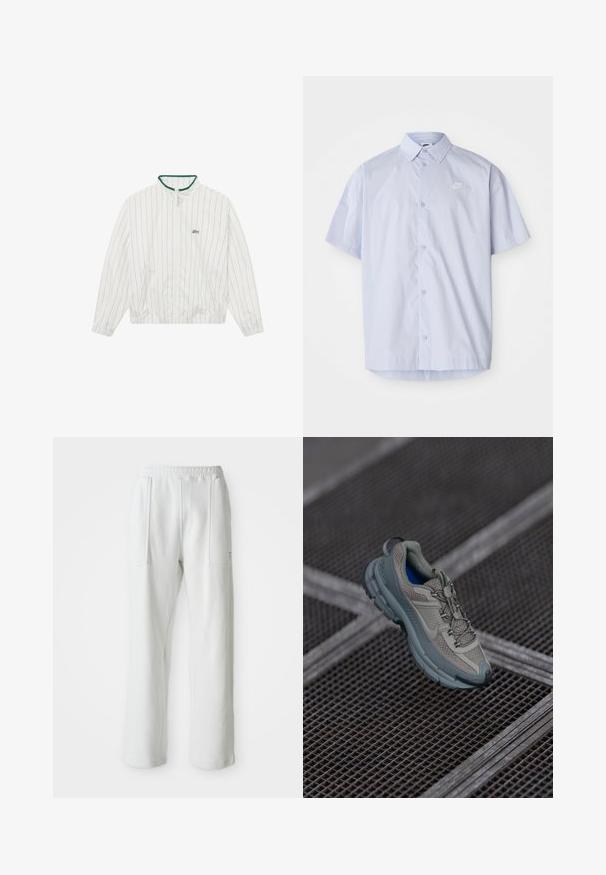 BLKVIS STRIPED - Suvejakk - white; Hele sinine lühikeste varrukatega särk, mis on valmistatud siledast kangast, millel on nööpidega disain ja rinnal väike valge Nike logo.; Valged juhuslikud püksid elastse vöökoha ja suurte esipastalaukudega, esitatud ühe lihtsa heleda tausta taustal.; Beige ja hall sportlik king, millel on tekstuuriga võrkpealne, ümar nina ja kummist tald, varustatud paelte ja pehmendatud kraega.