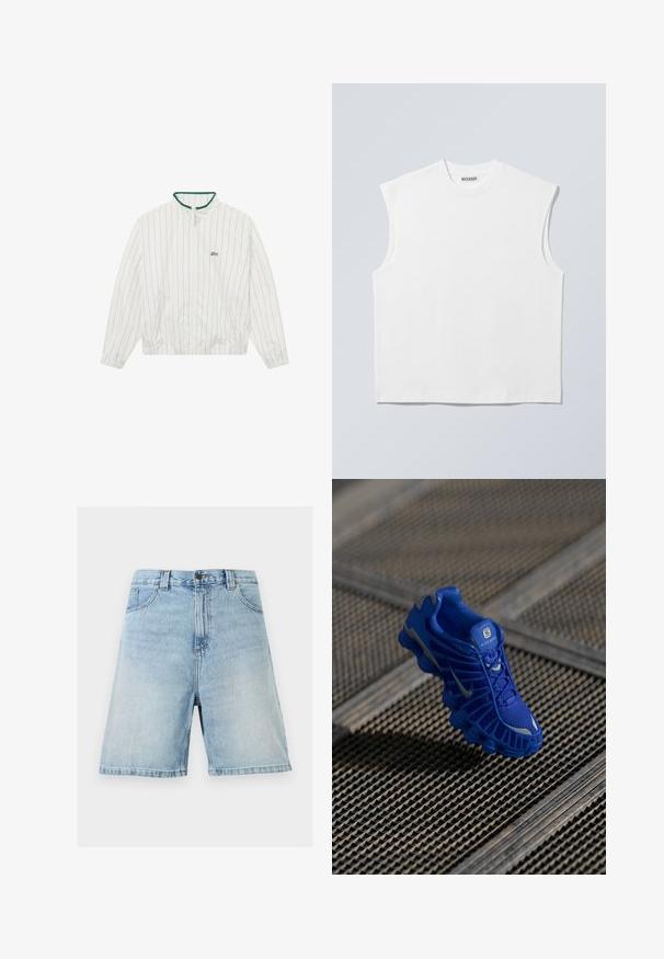 BLKVIS STRIPED - Suvejakk - white; Valge puuvillane, varrukateta, ümmarguse kaelusega särk, millel on struktureeritud õlad ja mis kannab kaelal sildil brändi "WEEKDAY", kujutatud heledal hallil taustal.; Hele sinised teksapüksid esikinnise, tõmbluku, vööaasade ja eest taskutega, esitatud lihtsal taustal.; Sinine spordijalats, millel on võrkmaterjalist pealsed, tekstuuriga disain ja silmapaistev tallapool, kus on eristuvad pehmenduselemendid ja reflektiivsed aktsendid.